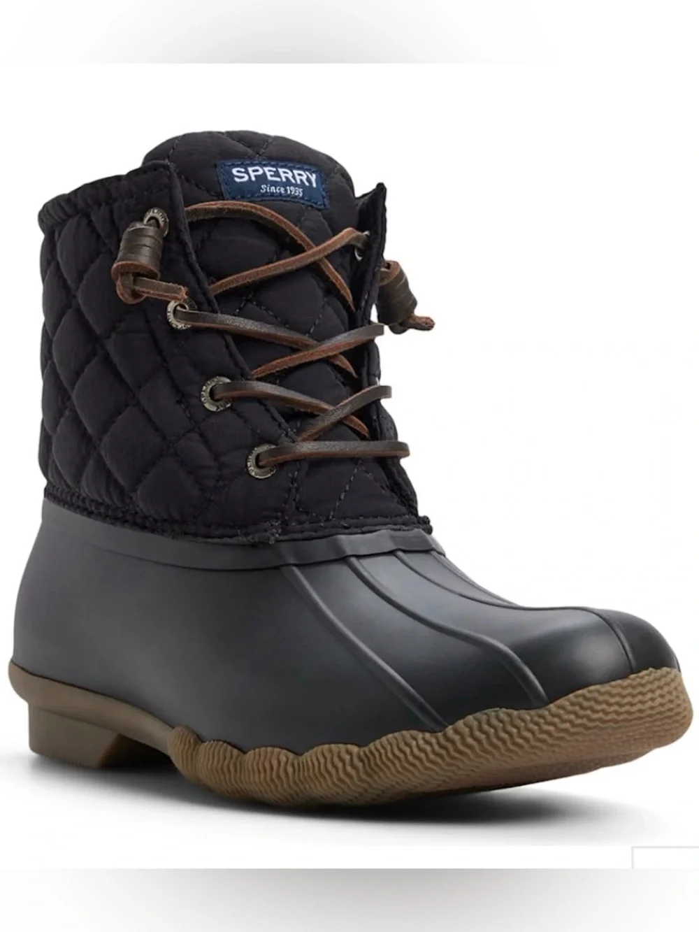 Sperry Women’s Black Quilted Waterproof Duck Boot with Brown Laces
